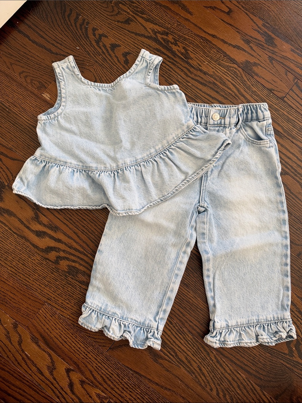 Zara Light Blue Denim Ruffle Tank & Pants Set - Kids